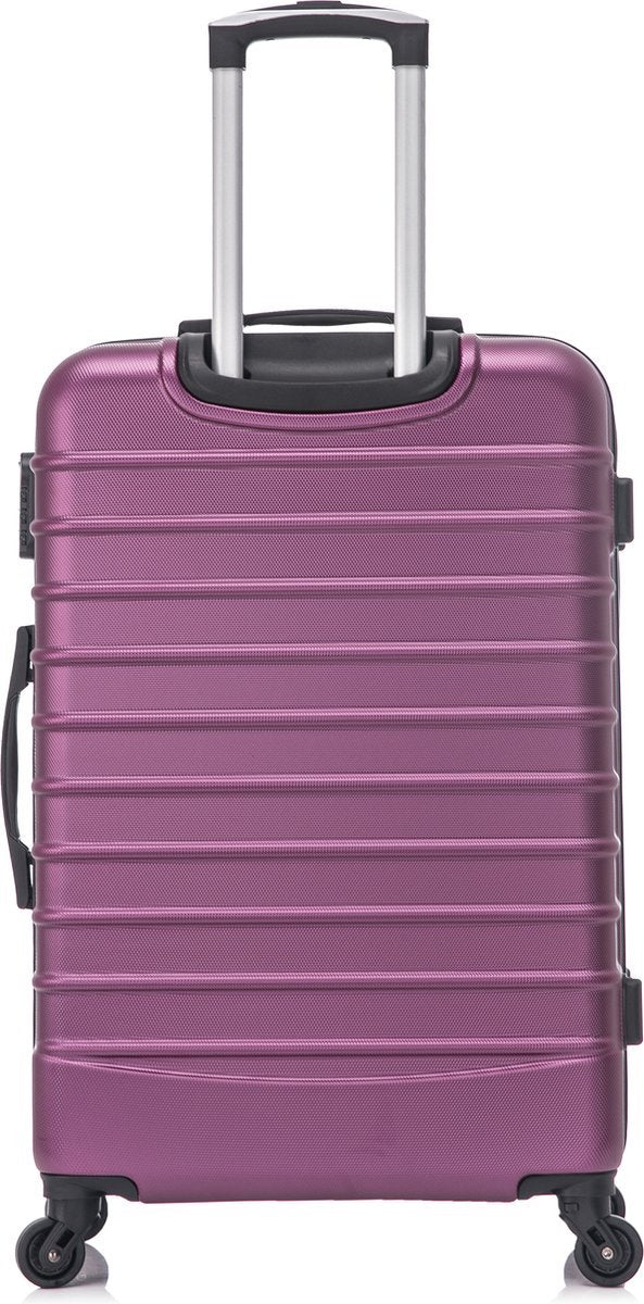 Tvådelat lila bagage med flexibla spinnerhjul, en kabinväska & stor väska för all packning.