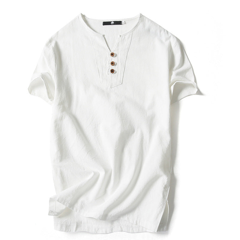 "Linne T-shirt för män, marinblå, med knappar framtill, avslappnad passform. Perfekt för sommaren, stilren och bekväm."