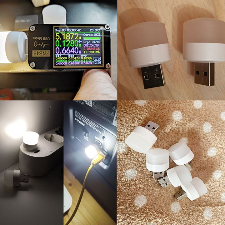 Liten USB LED nattlampa med ögonskydd, kompakt och stilren, avger mjukt vitt ljus, perfekt för sovrum och resor.