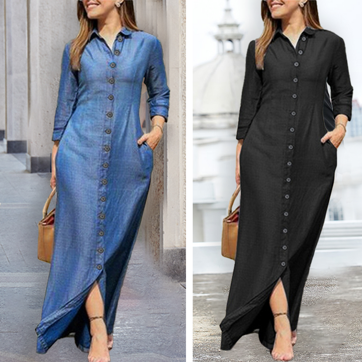 "Ljusblå denimklänning för kvinnor med knappdetalj, elegant och avslappnad design för vardag och tillfällen."