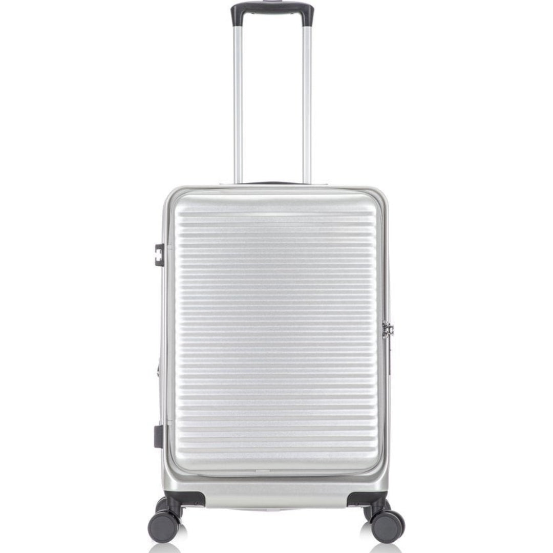Silver resväskset för affärsresa med hårt skal, laptopfack & TSA-lås.