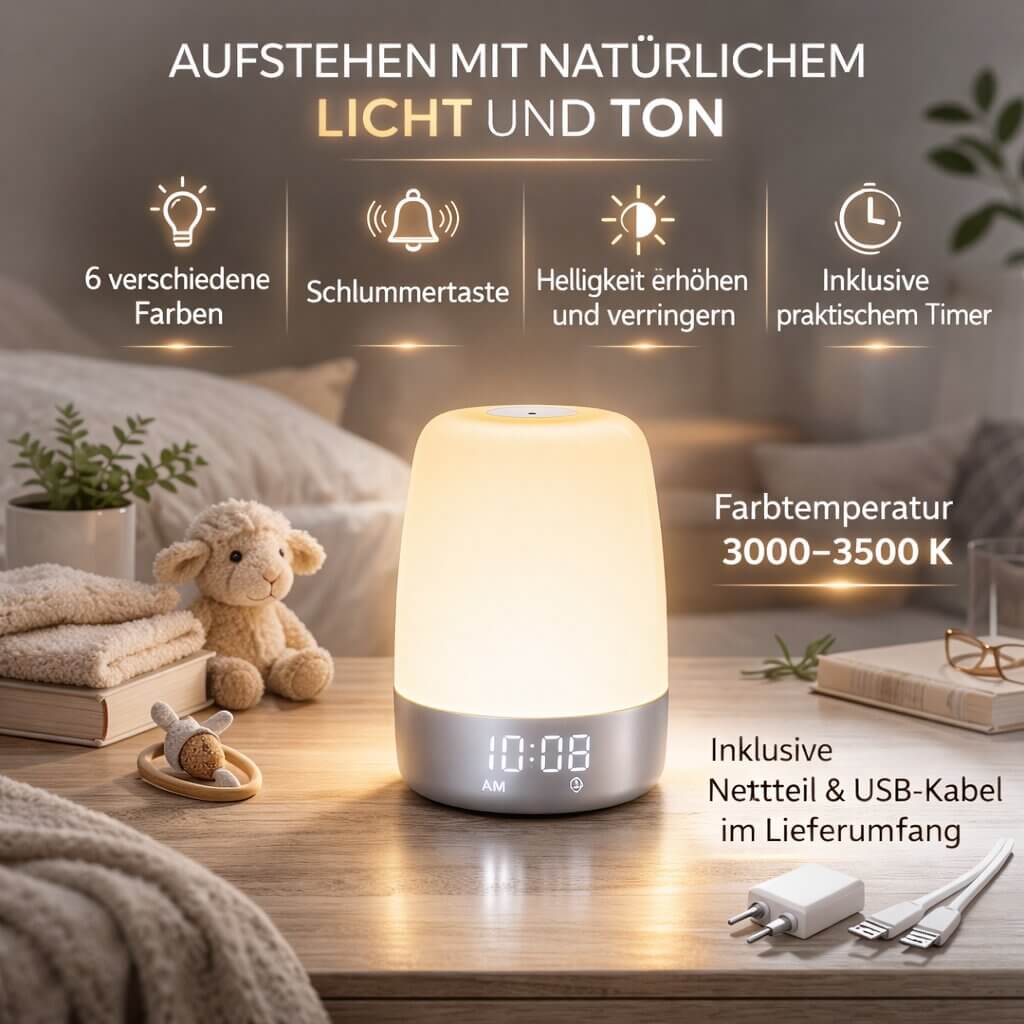 Avslappnande nattlampa med dimbar ljusterapi för sömn och lugna kvällar.