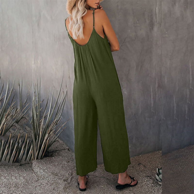 Lös dam cami stretch jumpsuit i flera färger, polyesterblandning, flytande passform, perfekt för sommaraktiviteter.
