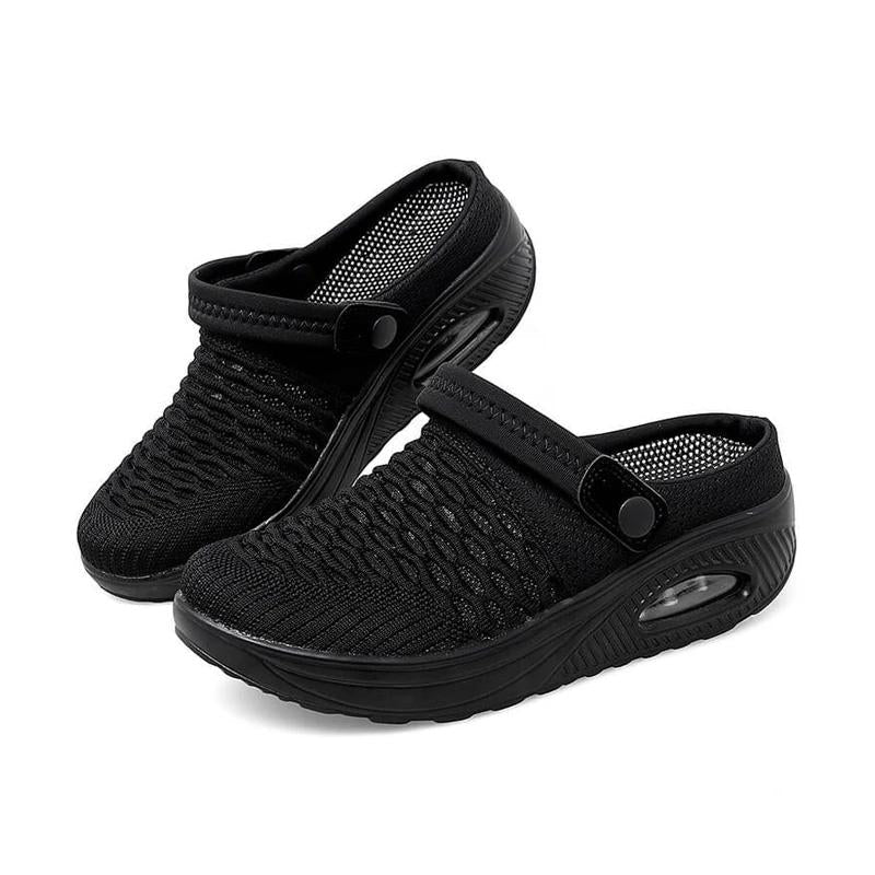 "Luftiga damtofflor med grå stickad ovandel och bred rund tå, slip-ons med stötdämpande luftkudde-sula, vardagsanvändning."