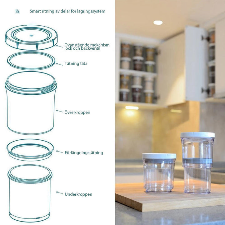 Lufttät burk i genomskinlig plast med silikonlock för köksförvaring, optimerar skafferiutrymme och håller matvaror färska.