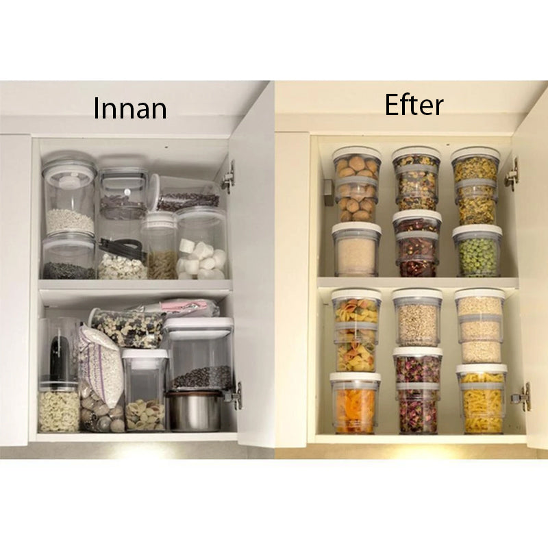 Lufttät burk i genomskinlig plast med silikonlock för köksförvaring, optimerar skafferiutrymme och håller matvaror färska.
