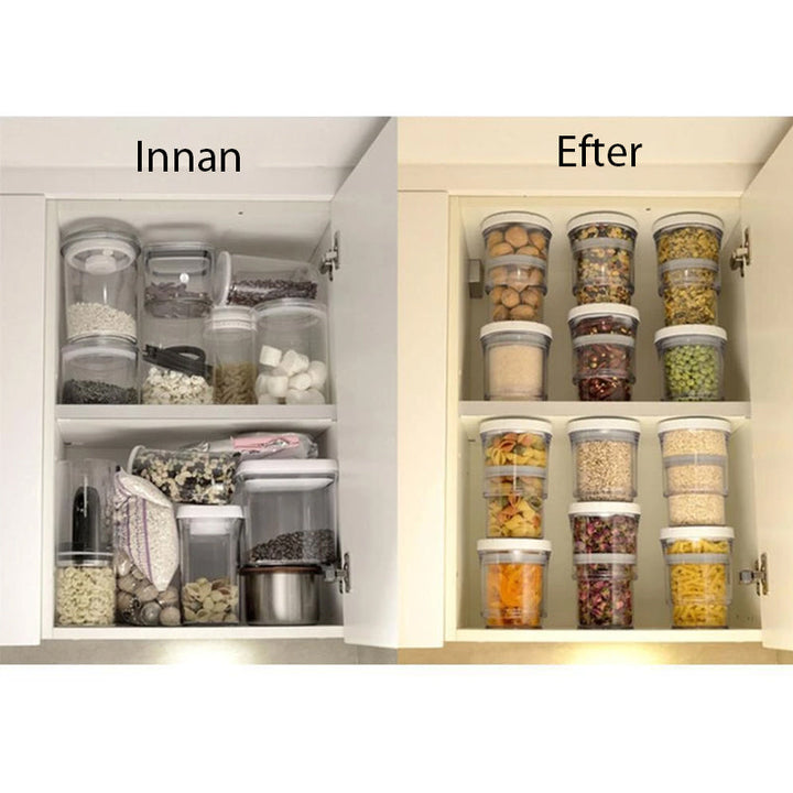 Lufttät burk i genomskinlig plast med silikonlock för köksförvaring, optimerar skafferiutrymme och håller matvaror färska.