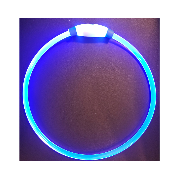 Lysande LED-halsband i silikon för hund, ökar synlighet och säkerhet under kvällspromenader.