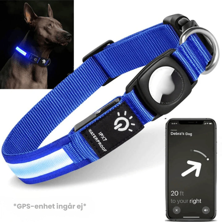 Vattentätt och uppladdningsbart LED-halsband med säkert fäste för spårsändare.