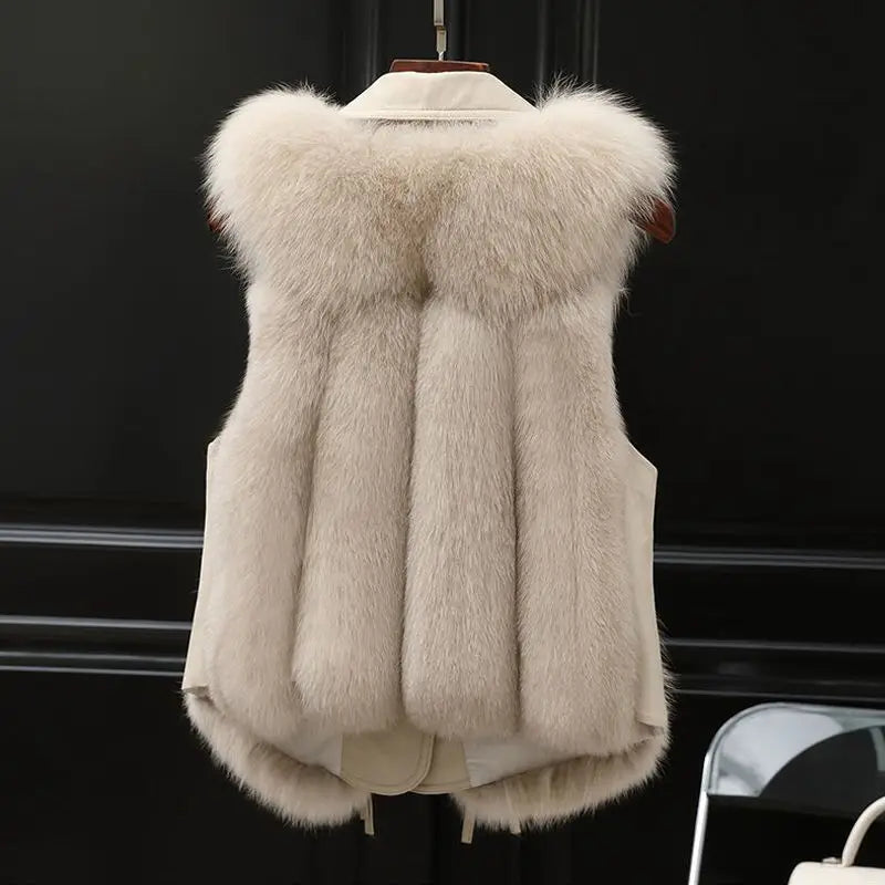 Elegant svart fuskpäls damväst med breda slag, ett stilrent val för vintermode.