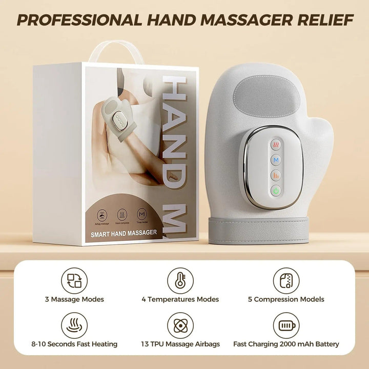 Elegant massageapparat för händer, erbjuder värme & luftkompression. Perfekt present för hälsa & wellness.