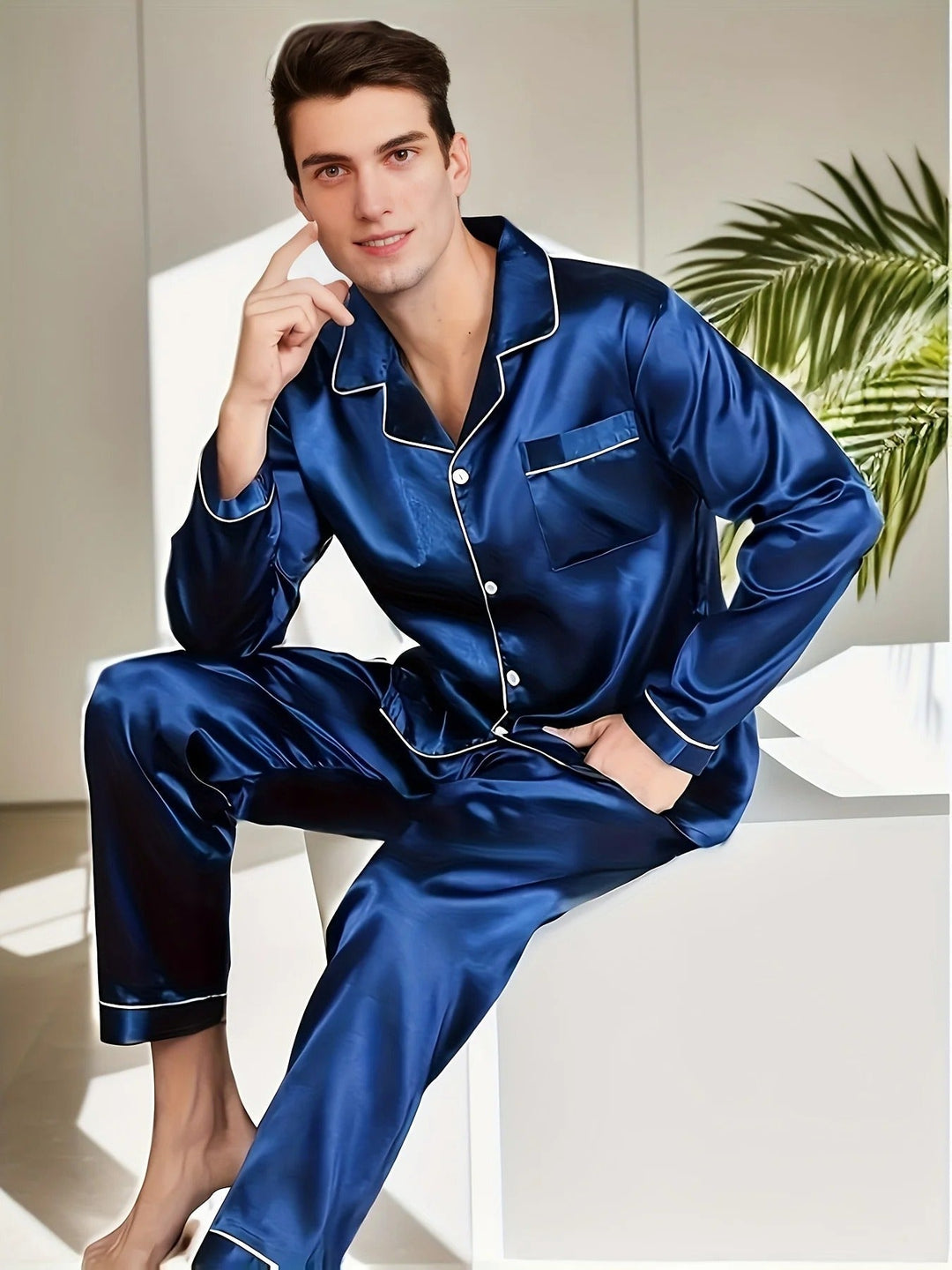 Adrian herrpyjamas i lyxig satin för avkoppling. Tvådelad stilren design för komfort hemma.