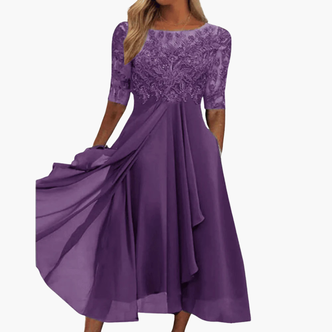 Mångsidig midi klänning med rund hals, korta ärmar, hög midja. Elegant damklänning för sommar och vardag.