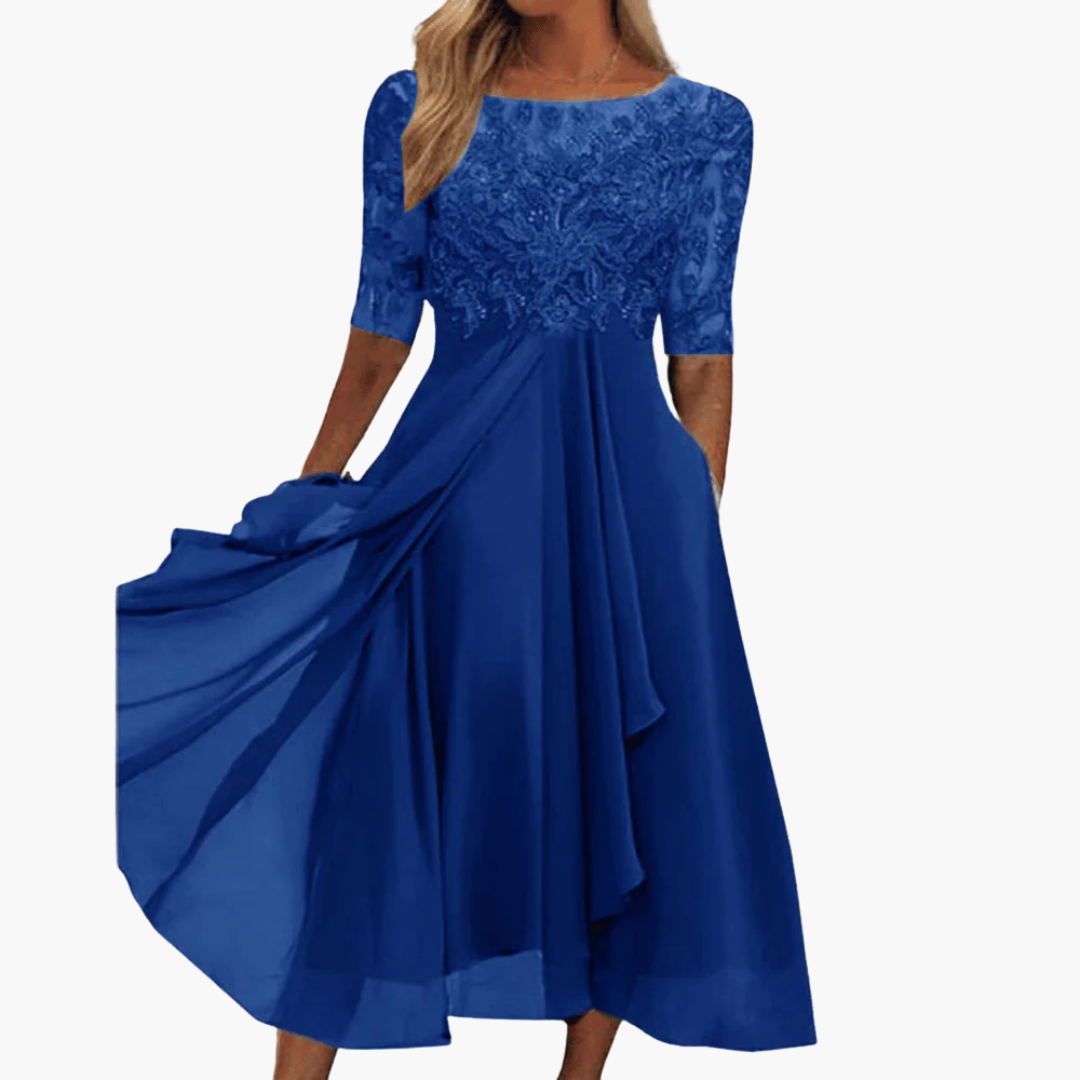 Kvinnors midi klänning, rund hals, korta ärmar. Elegant & mångsidig för både sommar och vardag.