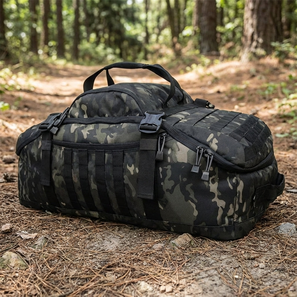 Mångsidig svart reseryggsäck med MOLLE-system. Perfekt för äventyr, vandring och friluftsliv. Slitstark packning.