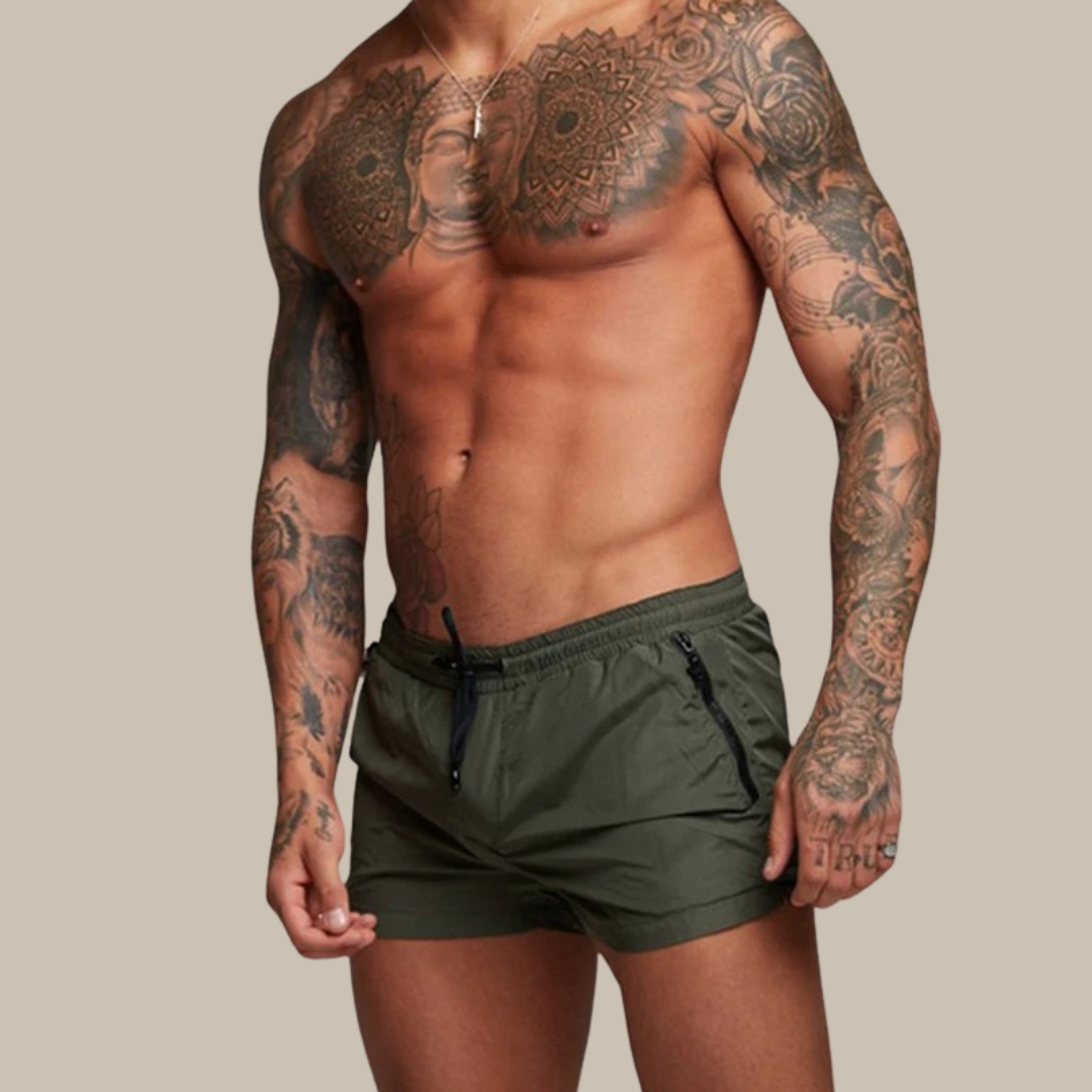 Mångsidiga stretchiga herrshorts för sommaräventyr. Snabbtorkande tyg för aktiv fritid.