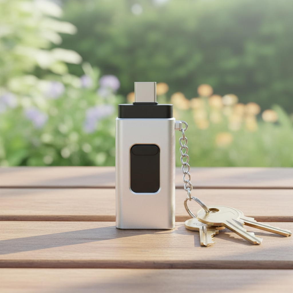 Mångsidigt 4-i-1 USB-minne med USB-C, Lightning & USB-A för universell datalagring på mobil och PC.