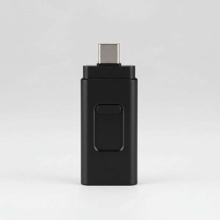 En person ansluter ett 4-i-1 USB-minne till en smartphone för snabb och enkel dataöverföring.