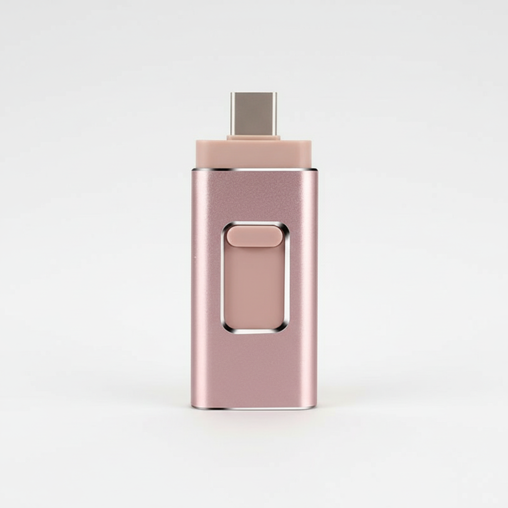 Universell 4-i-1 flashdrive med Lightning, USB-C & USB för enkel dataöverföring mellan iPhone, Android, dator.