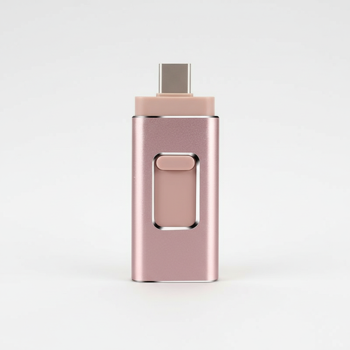 Universell 4-i-1 flashdrive med Lightning, USB-C & USB för enkel dataöverföring mellan iPhone, Android, dator.