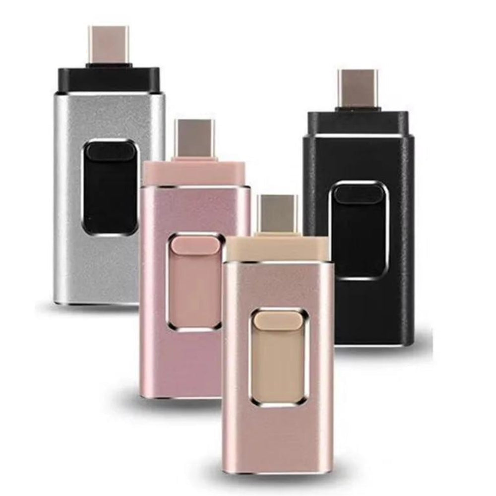 4-i-1 flashdrive med USB-C, Lightning, Micro-USB & USB-A. Kompatibel med iOS, Android, Mac, PC.