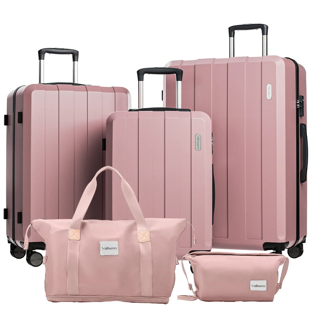 Mångsidigt 5-i-1 resväskset med hårdskal i rosa, perfekt för alla resor. Slitstarkt bagage med rullhjul.