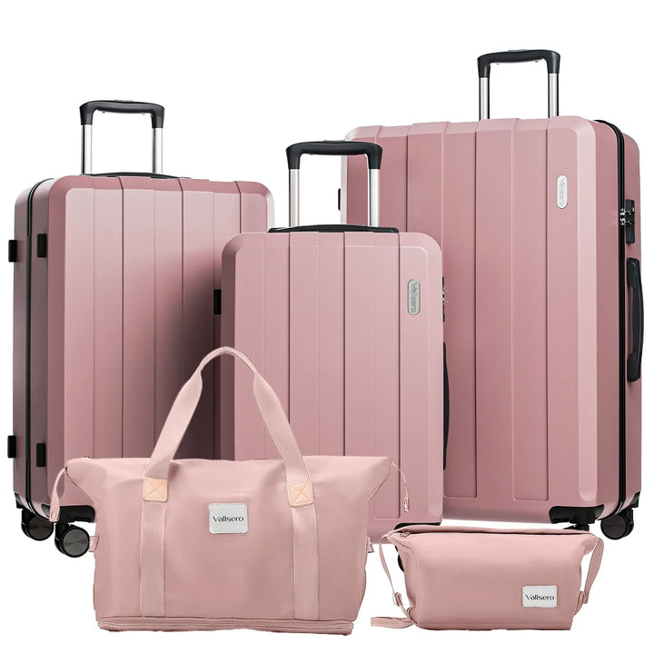 Mångsidigt 5-i-1 resväskset med hårdskal i rosa, perfekt för alla resor. Slitstarkt bagage med rullhjul.