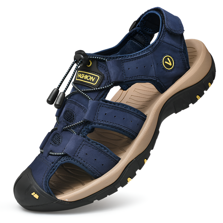 Justerbara herrsandaler med ergonomiskt fotstöd. Ortopediska komfortskor för avlastning och stöd.