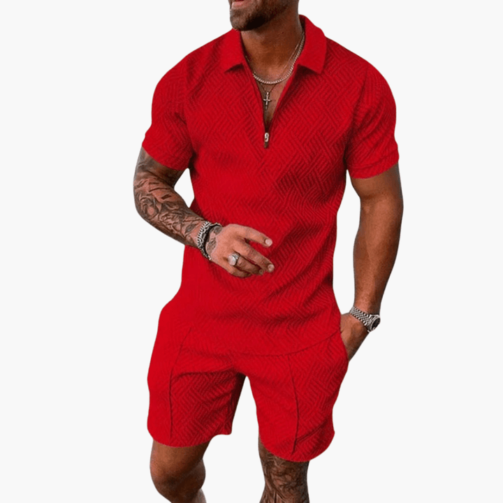 Herrskjorta med dragkedja från tvådelat set. Strukturerad tyg, kort ärm. Perfekt för sommar & casual stil.