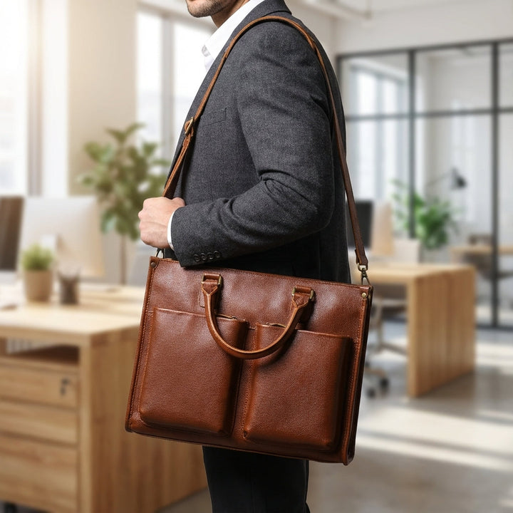Mörkbrun rymlig unisex affärsportfölj för laptop, professionell stil och jobbväska.