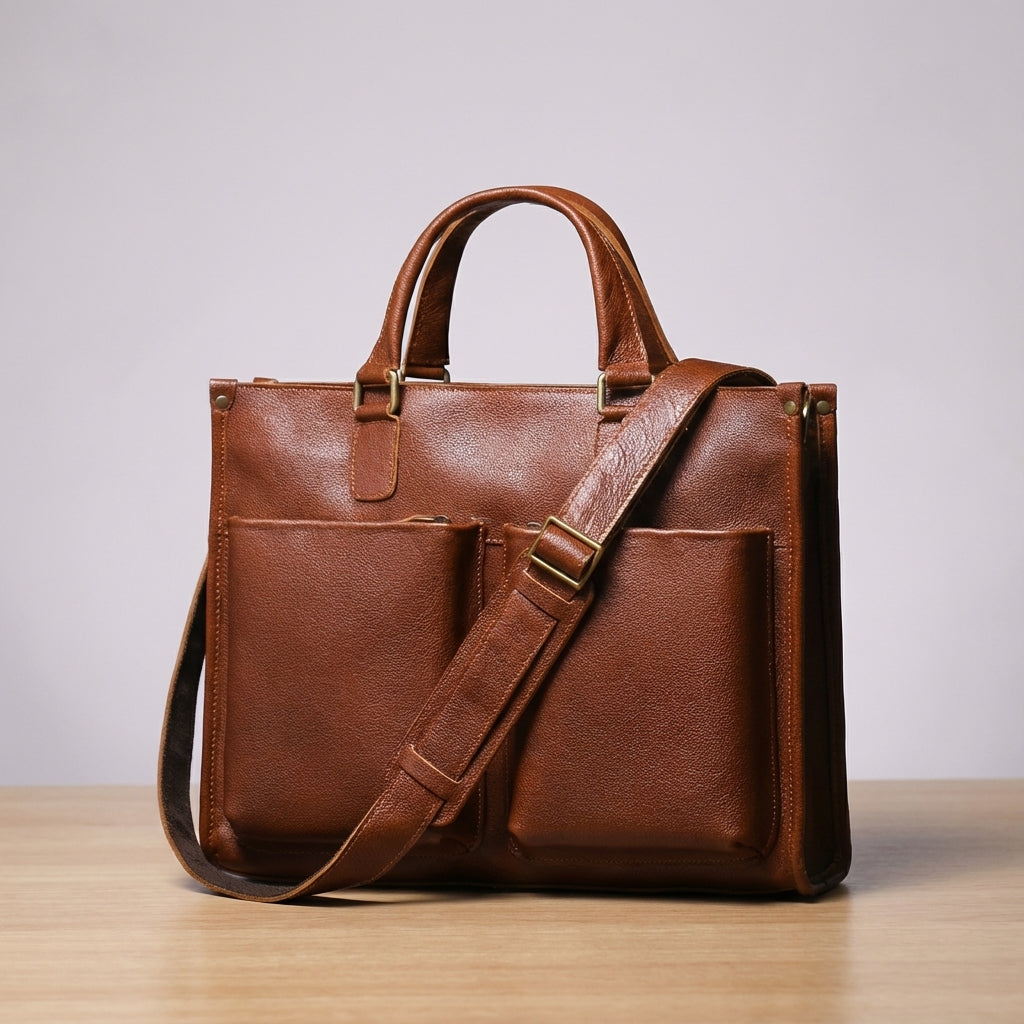 Elegant brun laptopväska för jobb och pendling, rymlig unisex portfölj i professionell stil.