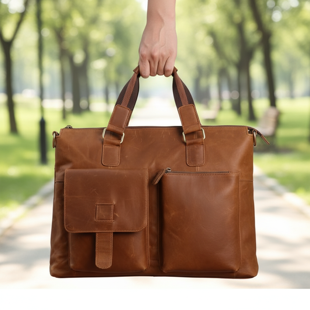 Mörkbrun vintage arbetsväska i läder för unisex. Stilfull portfölj & laptopväska, perfekt för kontoret.