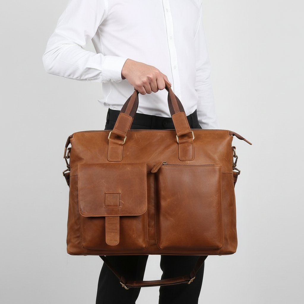 Elegant brun vintage skolväska i läder, med plats för laptop. Funktionell axelväska för jobb & studier, unisex.
