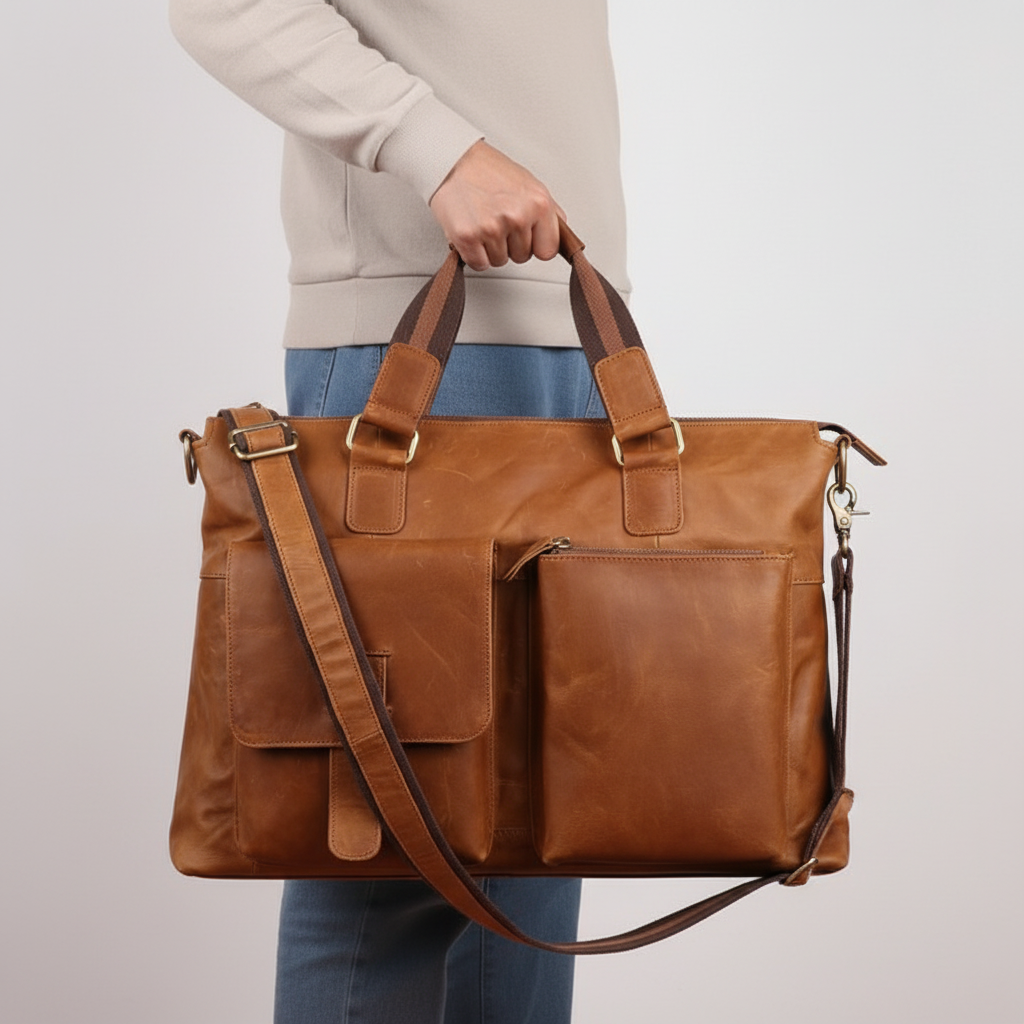 Unisex vintage arbetsväska i brunt läder. Elegant och funktionell för kontor eller skolbruk, med laptopfack.