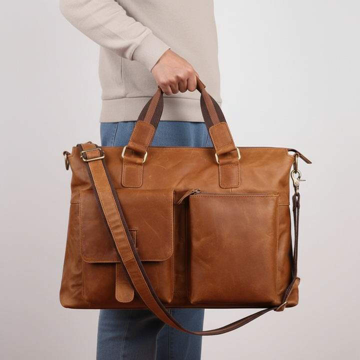Unisex vintage arbetsväska i brunt läder. Elegant och funktionell för kontor eller skolbruk, med laptopfack.