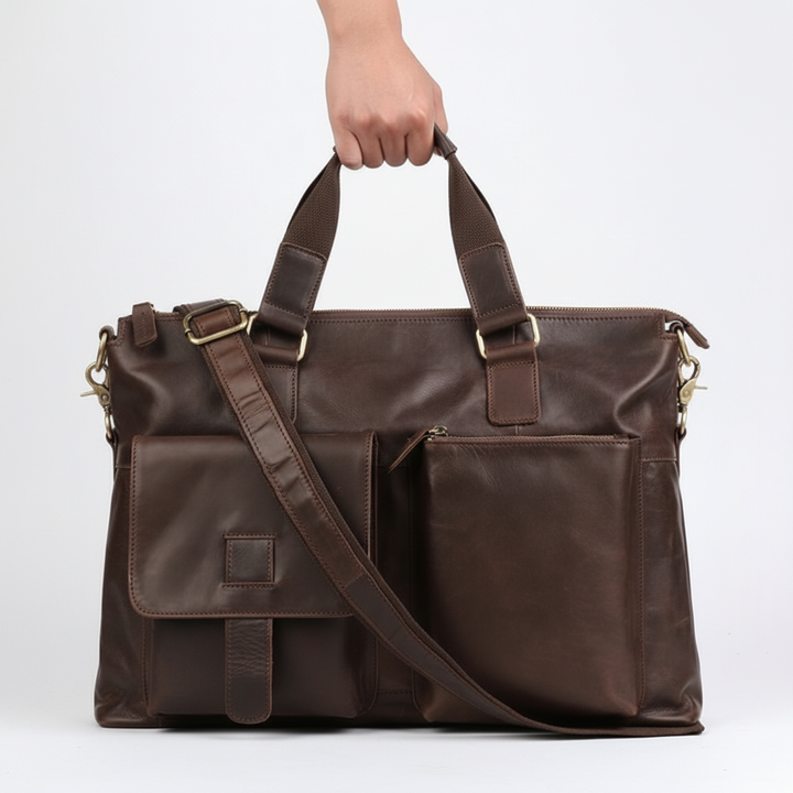 Stilfull mörkbrun vintage portfölj för unisex. Mångsidig arbetsväska, laptop- eller skolväska i klassisk läderdesign.