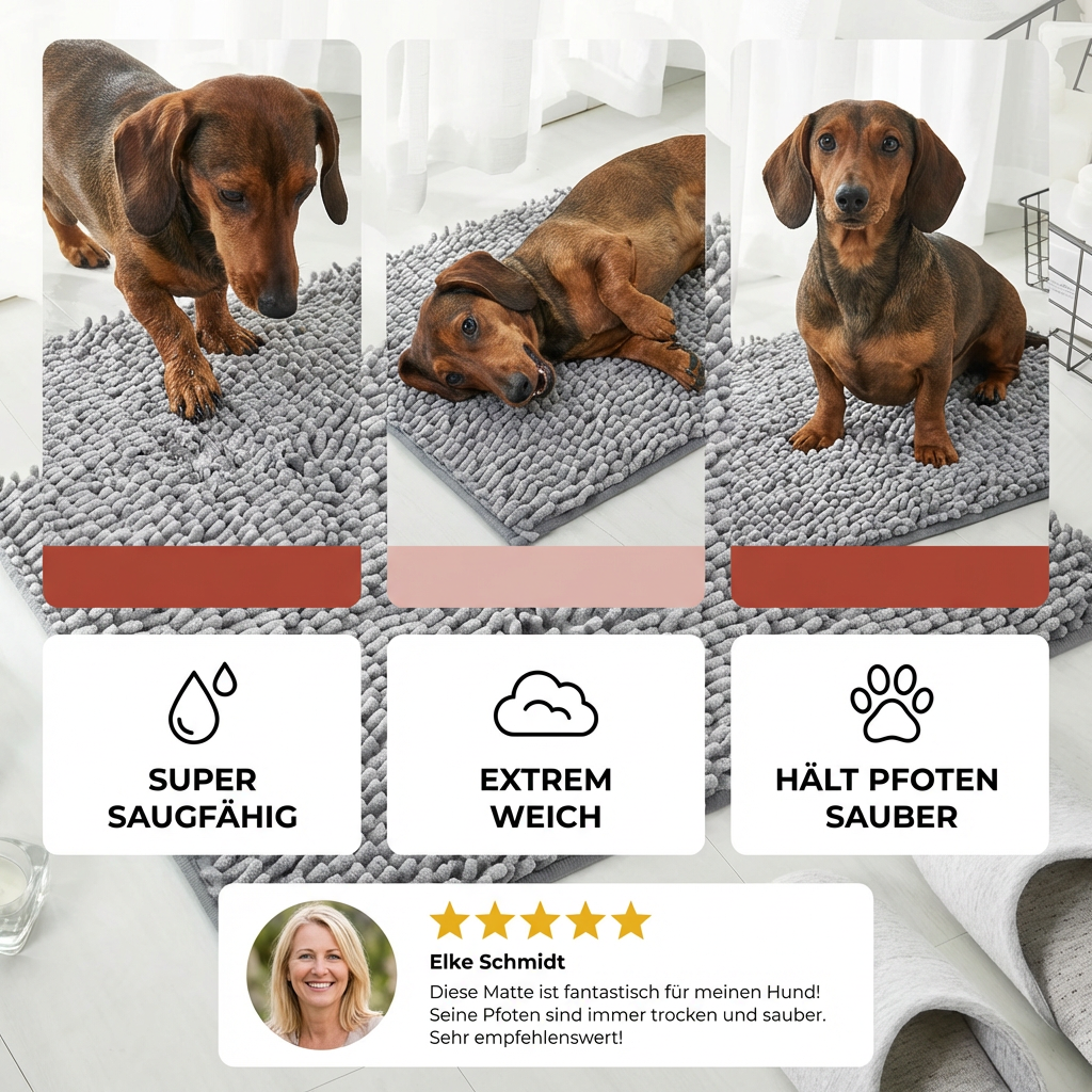 Halkfri hund smutsfångarmatta, superabsorberande entrématta i mörkgrå chenille. Idealisk för hemstädning, tvättbar.