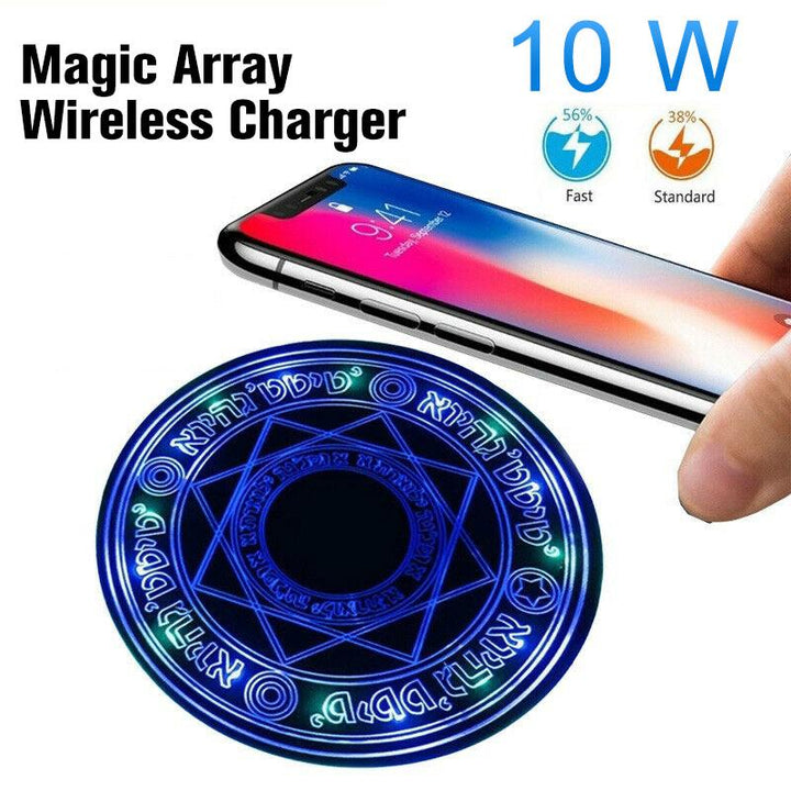 "Magic Array Trådlös Laddare med medeltida design, ljus och ljud, för snabb laddning av Qi-kompatibla enheter."