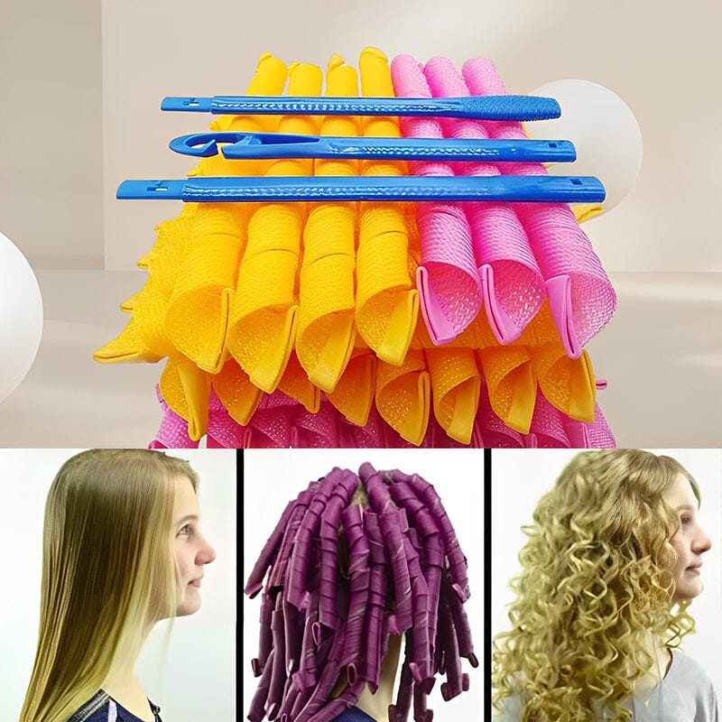 "Magic Curlers värmefri stylingkit rosa+orange, ger volym och mjuka lockar; idealiskt för olika hårtyper."