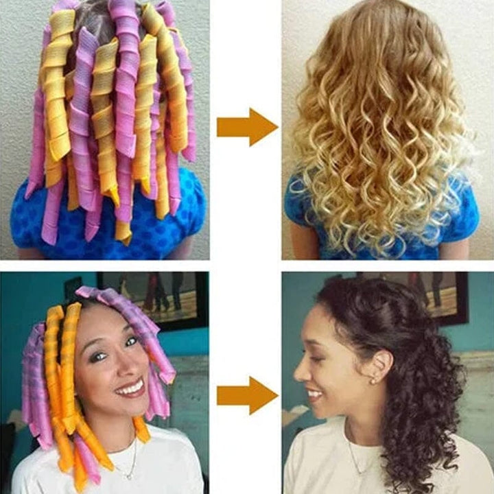 "Magic Curlers värmefri stylingkit rosa+orange, ger volym och mjuka lockar; idealiskt för olika hårtyper."