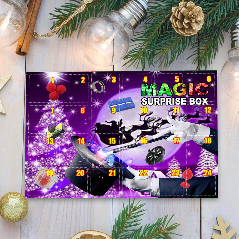 "Magiska adventsleksaker för barn, 24 överraskande fönster som avslöjar roliga och utvecklande magiska trick."