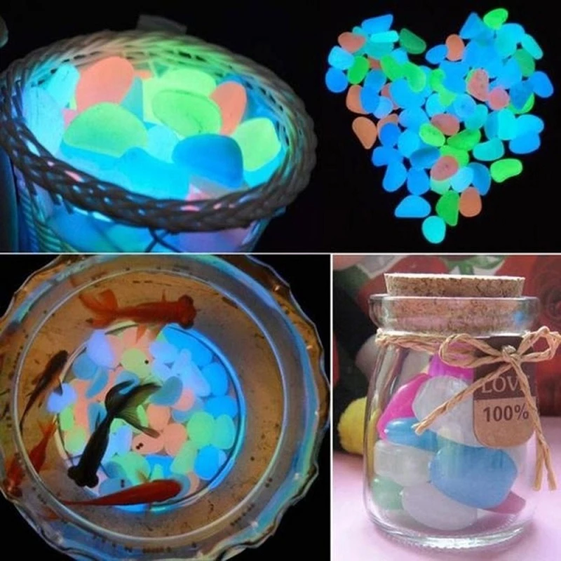 "Magiska glow in the dark stenar för trädgårdsdekoration med slät, rund yta. Perfekt för gångvägar och växter."