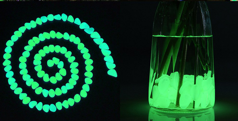 "Magiska glow in the dark stenar för trädgårdsdekoration med slät, rund yta. Perfekt för gångvägar och växter."