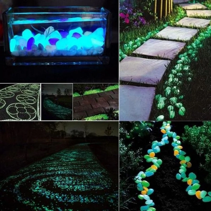 "Magiska glow in the dark stenar för trädgårdsdekoration med slät, rund yta. Perfekt för gångvägar och växter."