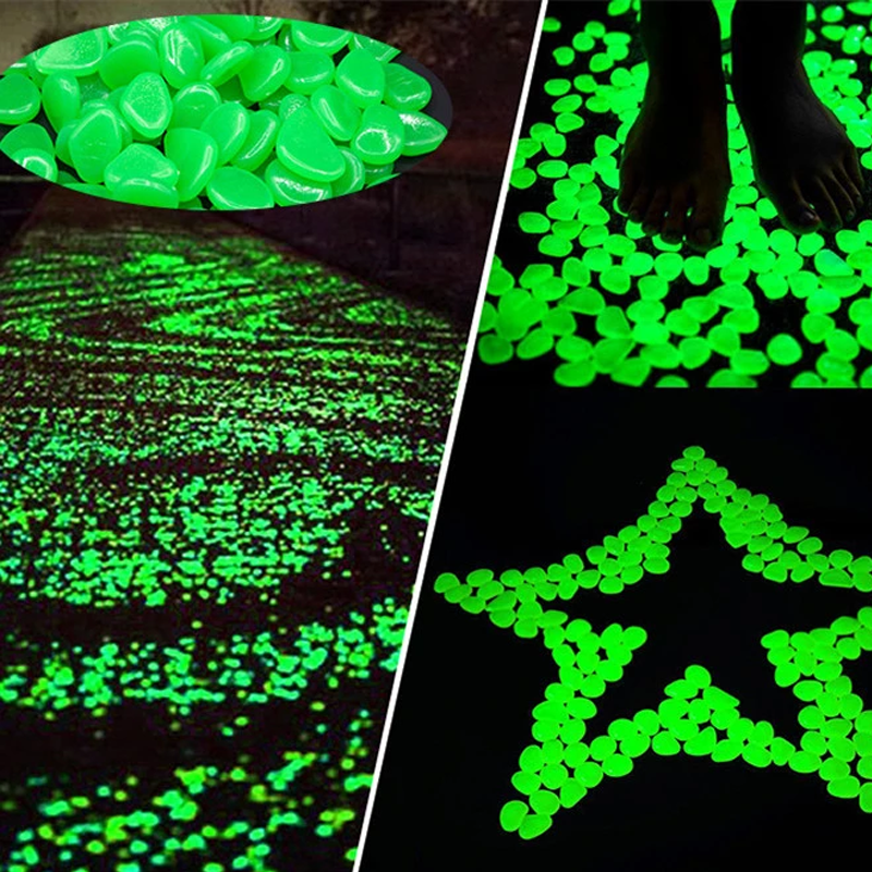 "Magiska glow in the dark stenar för trädgårdsdekoration med slät, rund yta. Perfekt för gångvägar och växter."