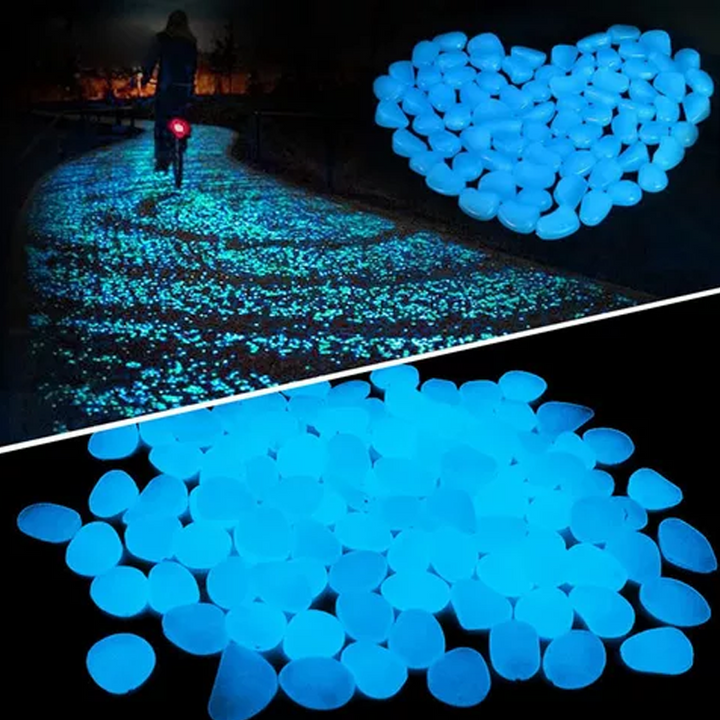 "Magiska glow in the dark stenar för trädgårdsdekoration med slät, rund yta. Perfekt för gångvägar och växter."