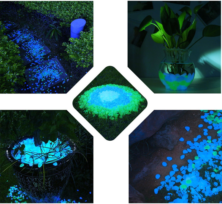 "Magiska glow in the dark stenar för trädgårdsdekoration med slät, rund yta. Perfekt för gångvägar och växter."