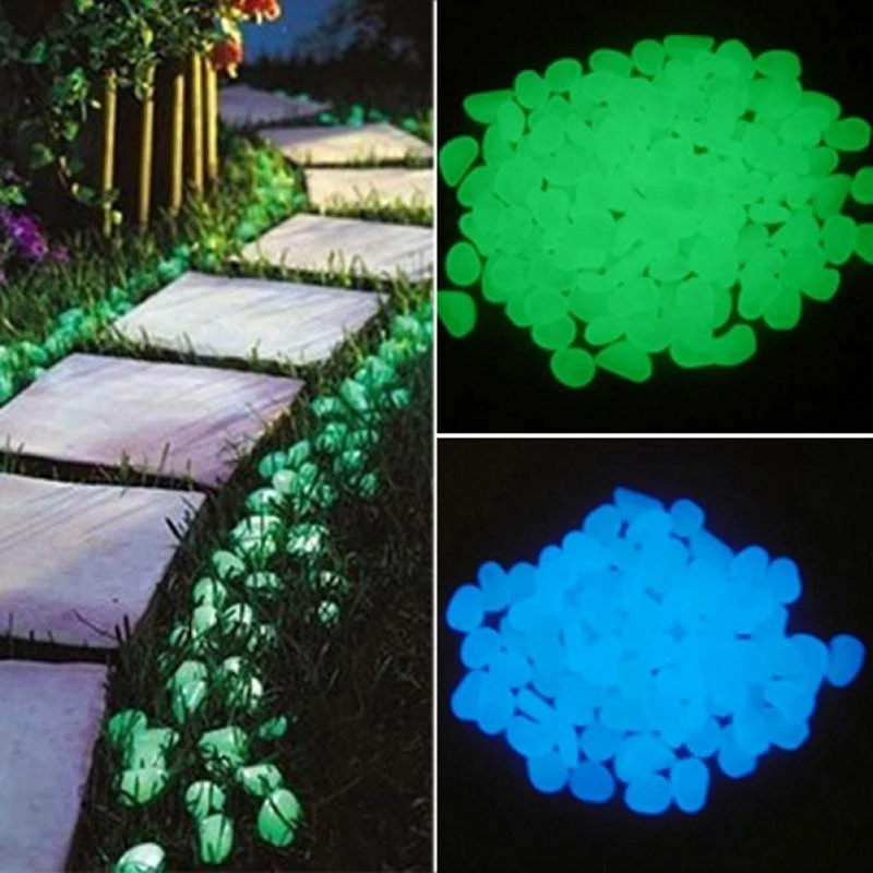 "Magiska glow in the dark stenar för trädgårdsdekoration med slät, rund yta. Perfekt för gångvägar och växter."