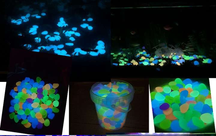 "Magiska glow in the dark stenar för trädgårdsdekoration med slät, rund yta. Perfekt för gångvägar och växter."