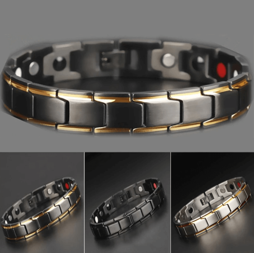 Unisex magnetarmband CoreFlex i rostfritt stål buret på handleden, stilfullt och bekvämt.